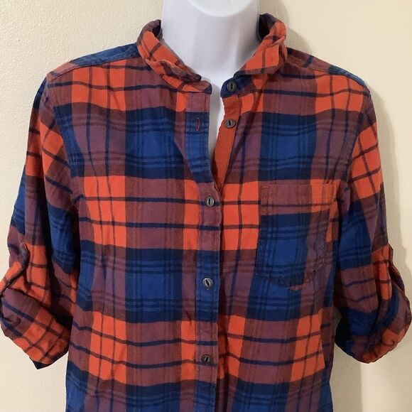 Jack's Girlfriend Blue Orange Plaid Flannel Cotton Country Button Up Shirt Small - Picture 2 of 9
